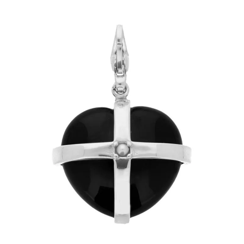 Sterling Silver Whitby Jet & Single Pearl Medium Cross Heart Charm sold by C.W. Sellors