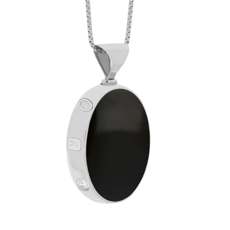 18ct White Gold Whitby Jet Turquoise King's Coronation Hallmark Double Sided Oval Necklace sold by C.W. Sellors product image thumbnail 3