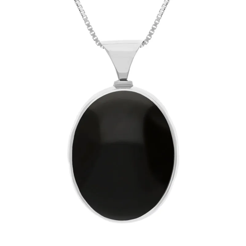 18ct White Gold Whitby Jet Mother of Pearl King's Coronation Hallmark Double Sided Oval Necklace sold by C.W. Sellors