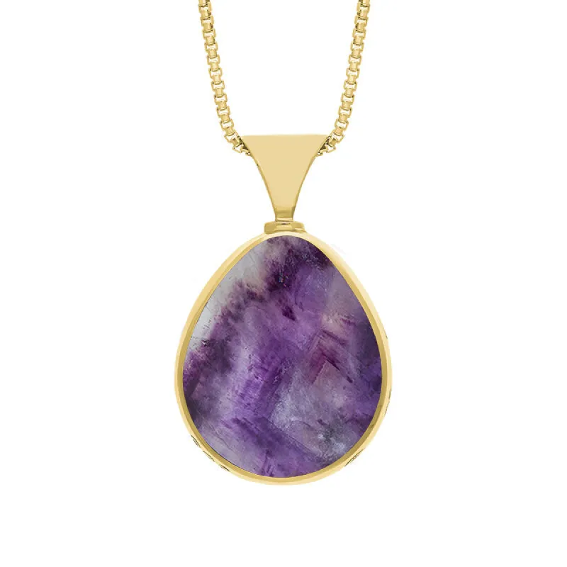 9ct Yellow Gold Whitby Jet Blue John King's Coronation Hallmark Double Sided Pear-shaped Necklace sold by C.W. Sellors