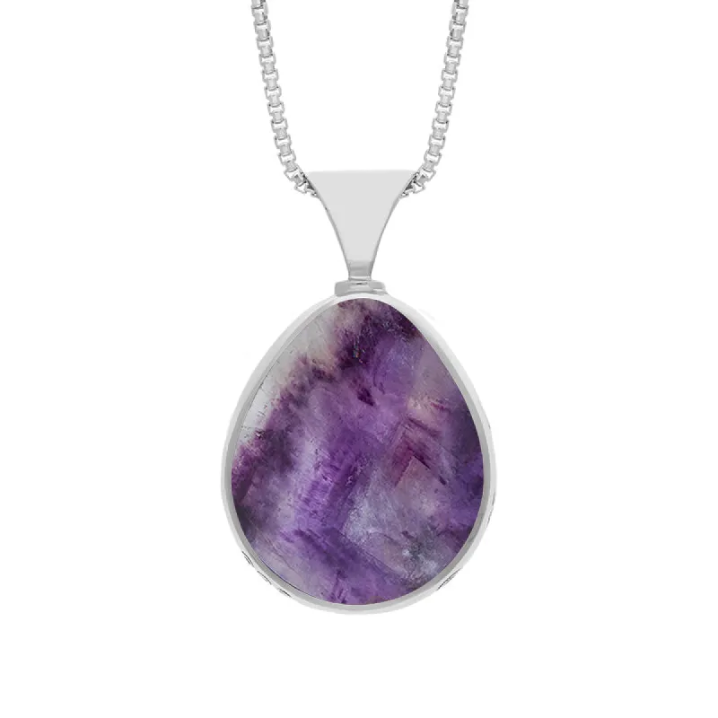 18ct White Gold Whitby Jet Blue John King's Coronation Hallmark Double Sided Pear-shaped Necklace sold by C.W. Sellors