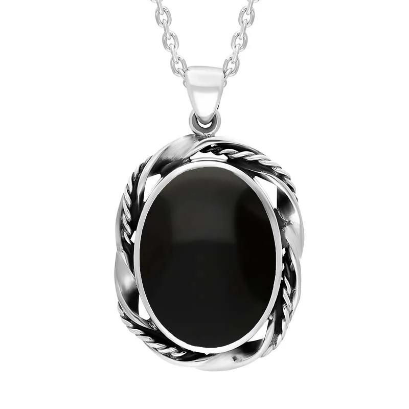 Sterling Silver Whitby Jet Oval Rope Twist Edge Necklace sold by C.W. Sellors