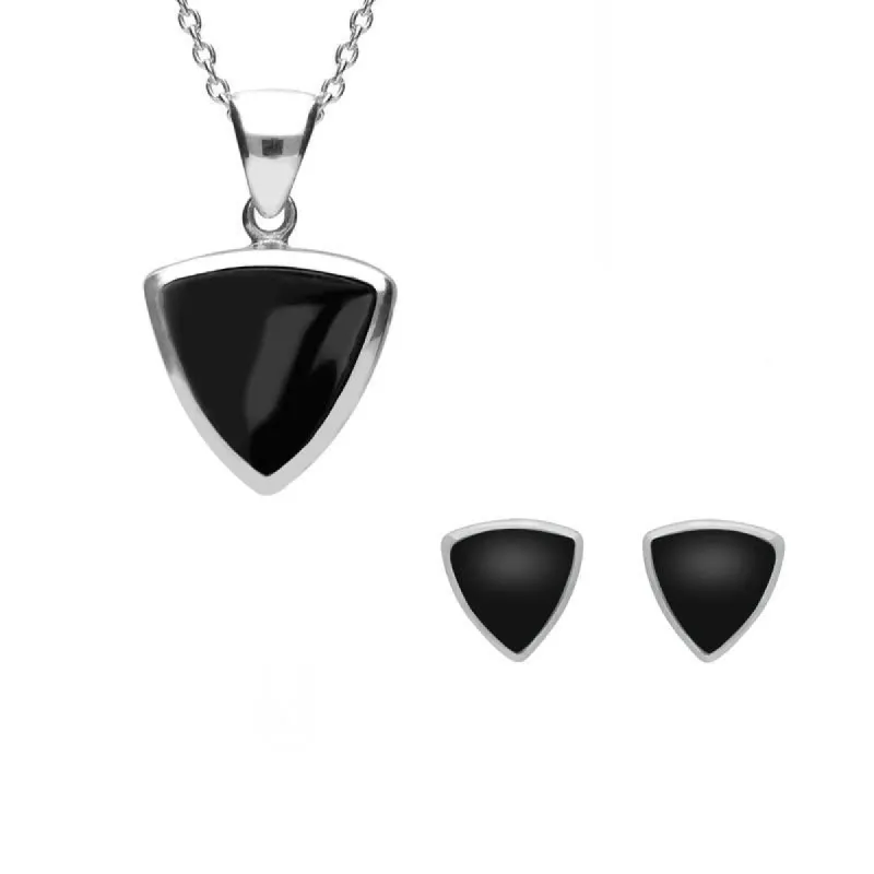 Sterling Silver Whitby Jet Curved Triangle Two Piece Set sold by C.W. Sellors