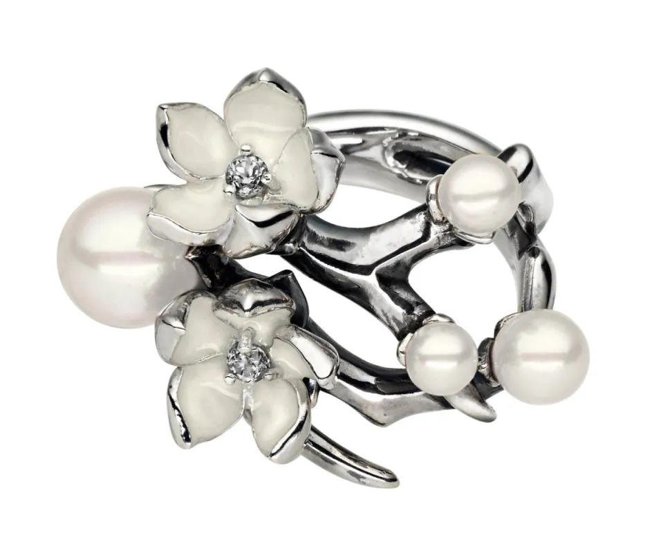 Shaun Leane Cherry Blossom Sterling Silver 0.10ct Diamond Pearl Flower Ring sold by C.W. Sellors