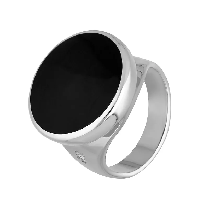 18ct White Gold Whitby Jet King's Coronation Hallmark Small Round Ring sold by C.W. Sellors