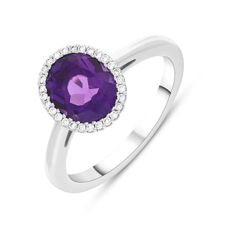 18ct White Gold Amethyst Diamond Oval Cluster Ring sold by C.W. Sellors