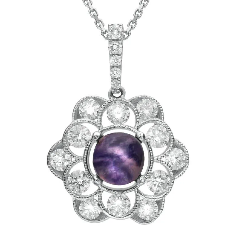 18ct White Gold Blue John Diamond Central Stone Flower Necklace sold by C.W. Sellors