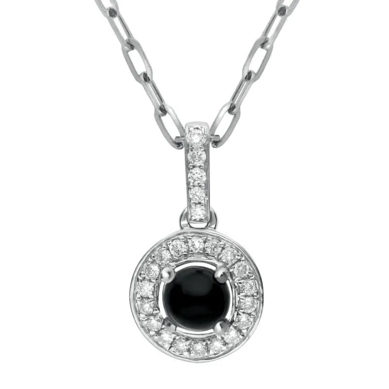 18ct White Gold Whitby Jet 0.10ct Diamond Pave Surround Necklace sold by C.W. Sellors