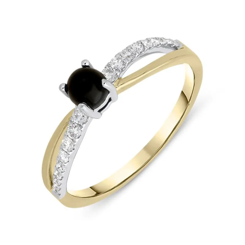 18ct Yellow Gold Whitby Jet 0.16ct Diamond Split Shoulder Ring sold by C.W. Sellors
