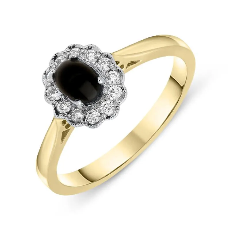 18ct Yellow Gold Whitby Jet 0.16ct Diamond Milgrain Cluster Ring sold by C.W. Sellors