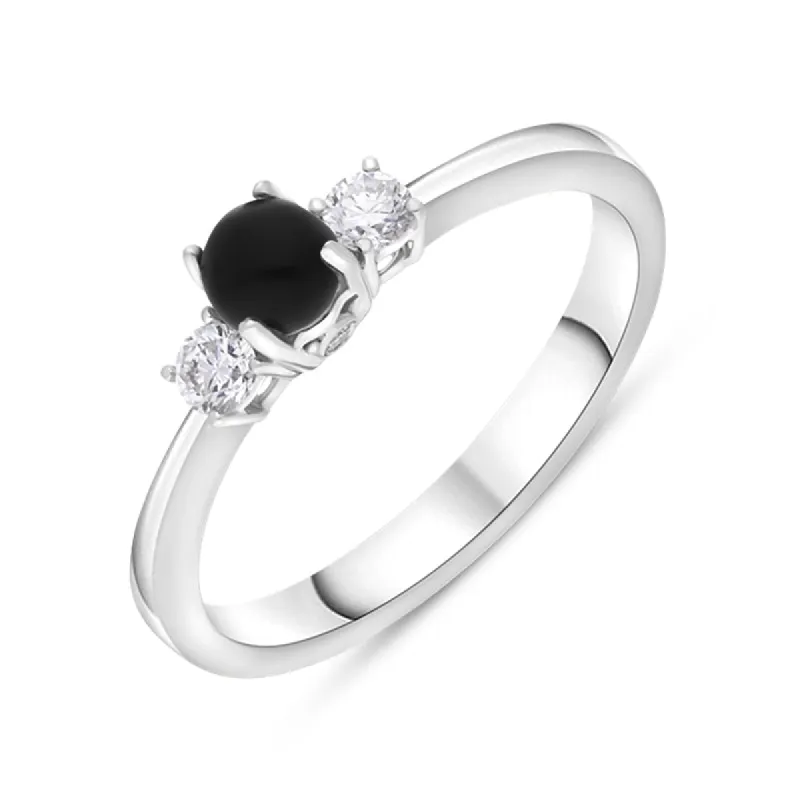 18ct White Gold Whitby Jet 0.17ct Diamond Trilogy Ring sold by C.W. Sellors