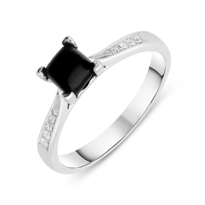 18ct White Gold Whitby Jet Diamond Cushion Shaped Ring made by C.W. Sellors