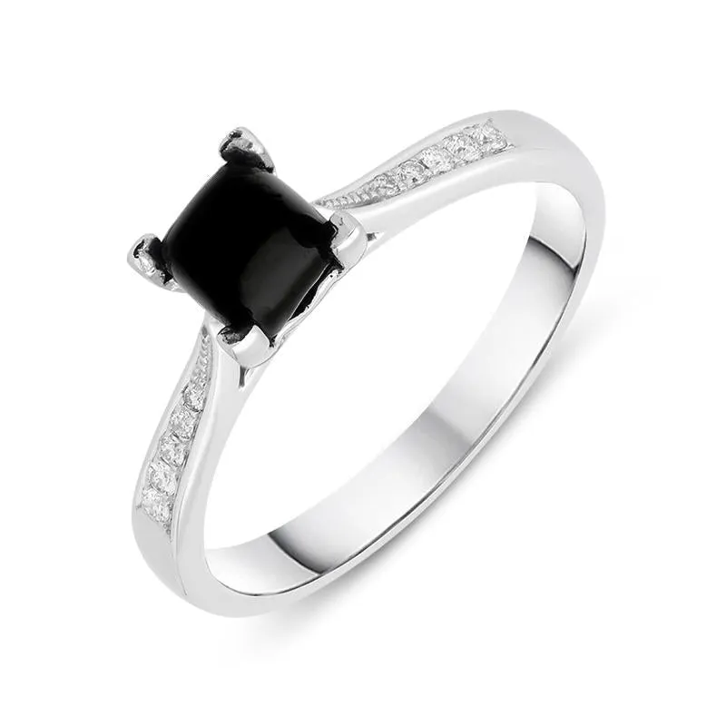 18ct White Gold Whitby Jet Diamond Cushion Shaped Ring sold by C.W. Sellors
