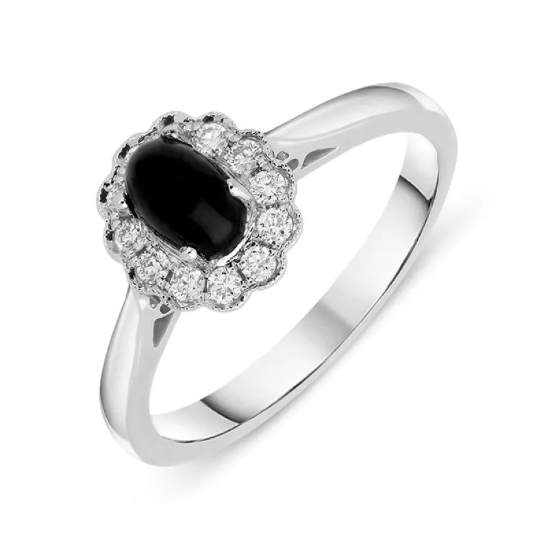 18ct White Gold Whitby Jet 0.16ct Diamond Milgrain Cluster Ring sold by C.W. Sellors