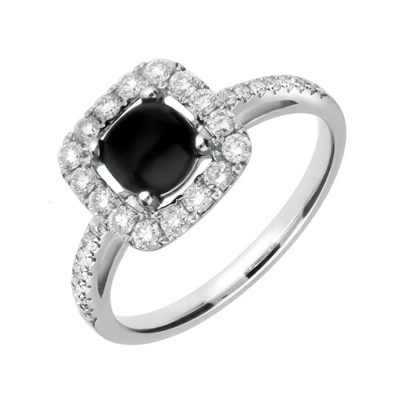 18ct White Gold Whitby Jet and 1.00ct Diamond Cushion Ring sold by C.W. Sellors