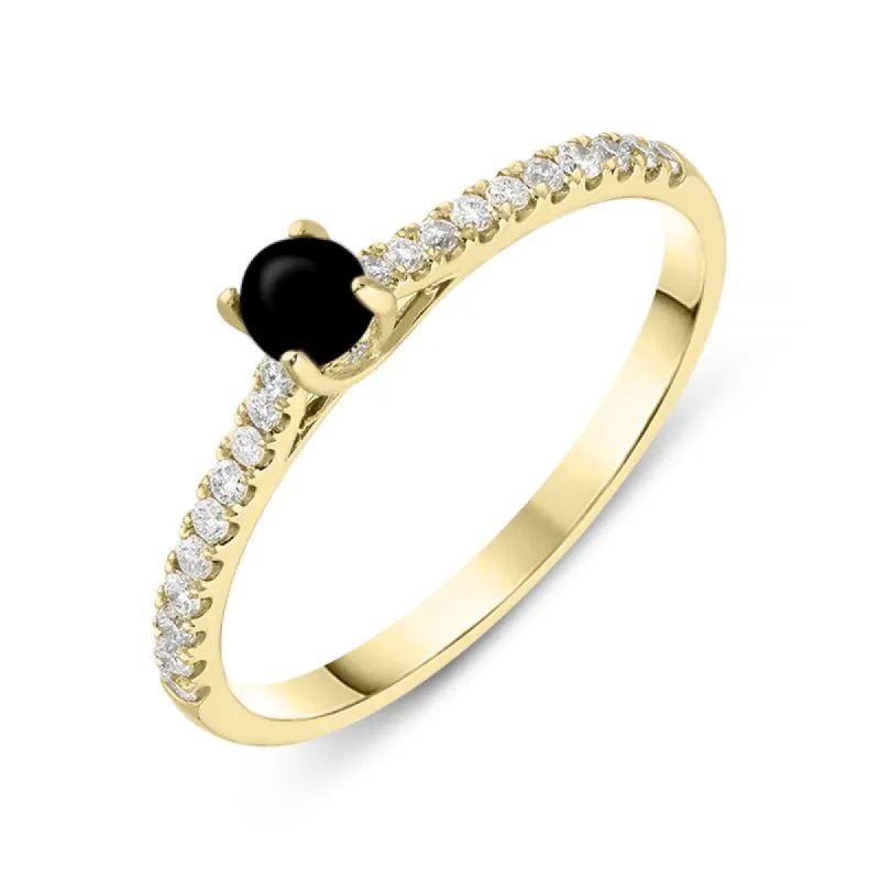 18ct Yellow Gold Whitby Jet Diamond Round Solitaire Ring made by C.W. Sellors