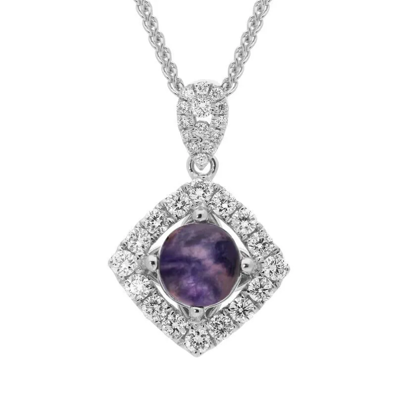 18ct White Gold Blue John and Diamond Open Square Necklace sold by C.W. Sellors