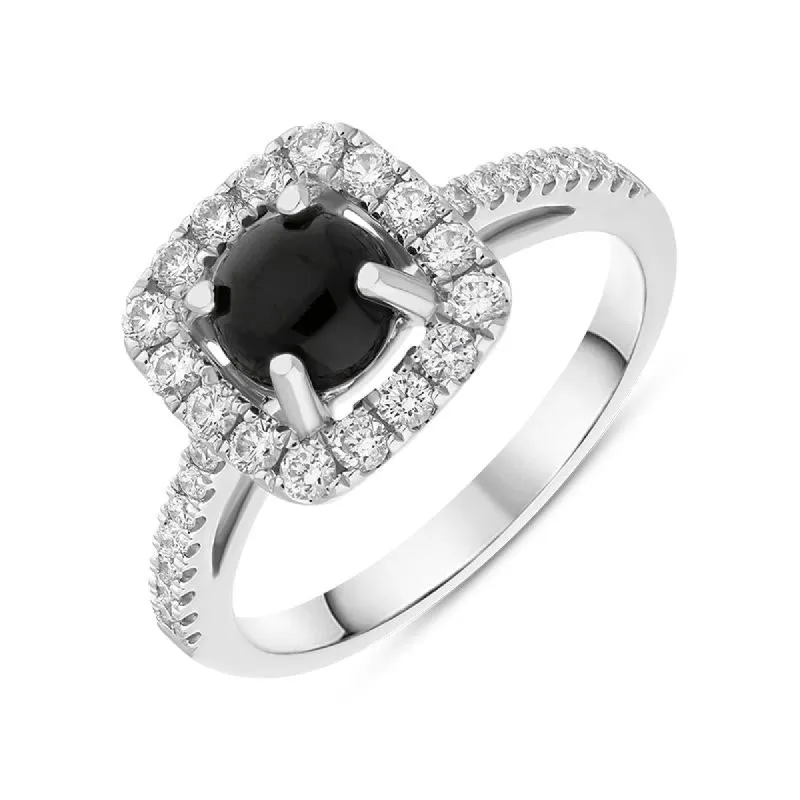 18ct White Gold Whitby Jet 0.45ct Diamond Cushion Ring sold by C.W. Sellors