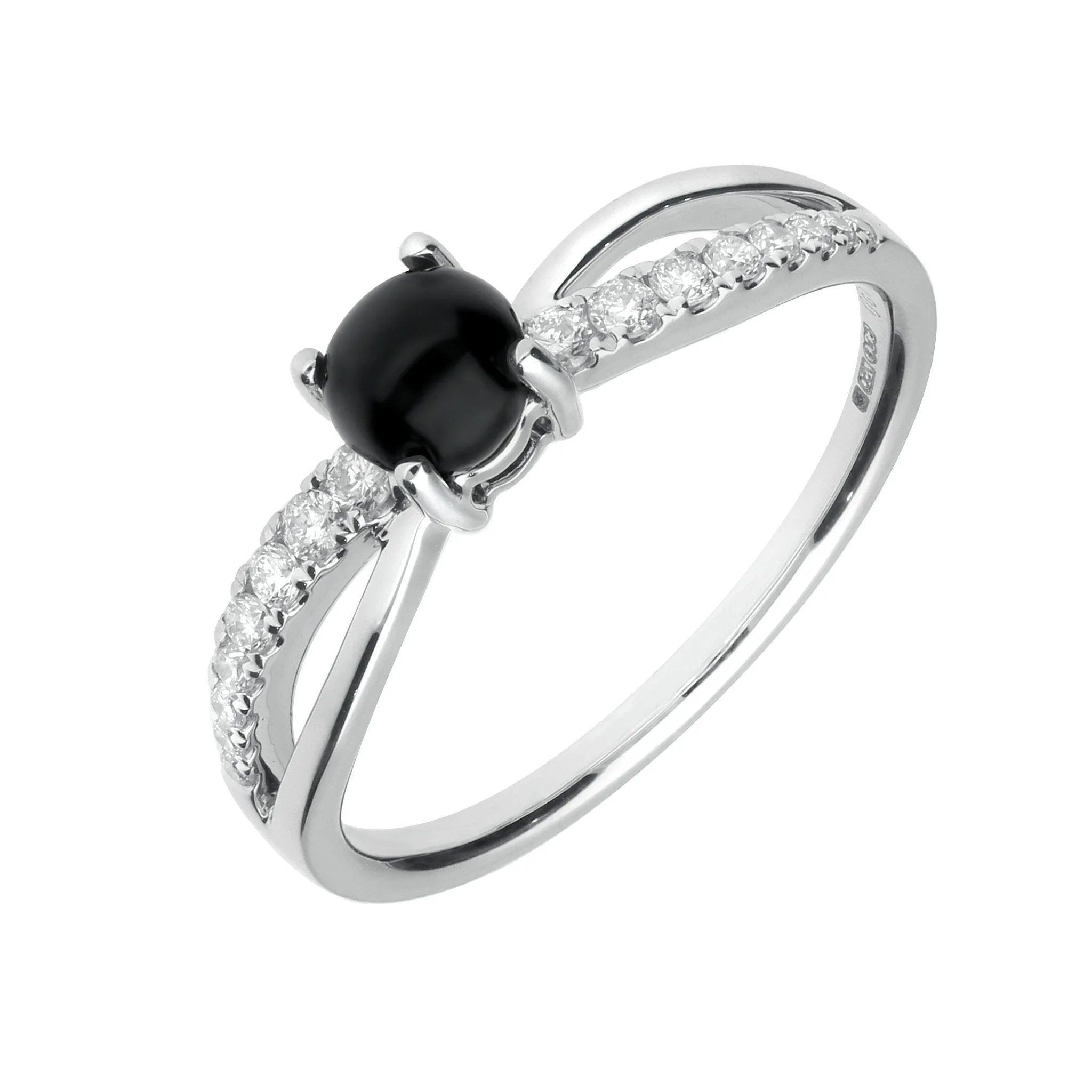 18ct White Gold Whitby Jet and 0.20ct Diamond Round Split Shoulder Ring sold by C.W. Sellors