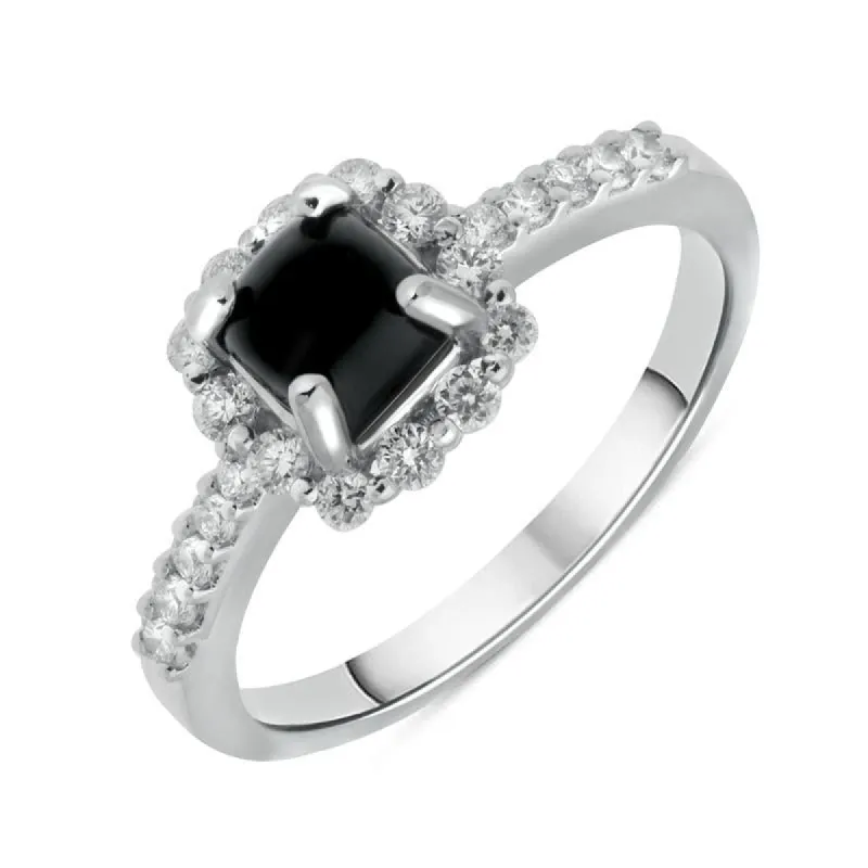 18ct White Gold Whitby Jet 0.35ct Diamond Cushion Top Ring made by C.W. Sellors