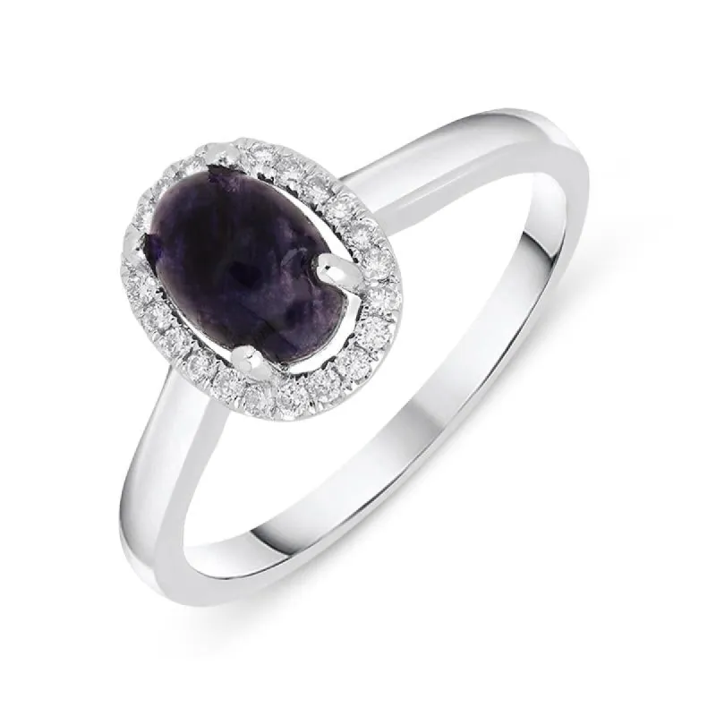 18ct White Gold Blue John 0.12ct Diamond Oval Cluster Ring sold by C.W. Sellors