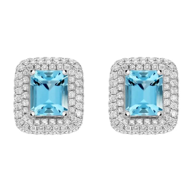 18ct White Gold 1.44ct Aquamarine 0.57ct Diamond Cushion Stud Earrings sold by C.W. Sellors