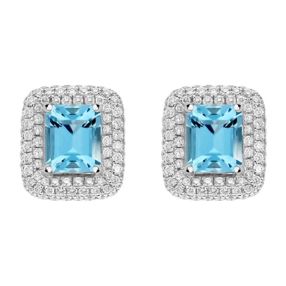 18ct White Gold 1.44ct Aquamarine 0.57ct Diamond Cushion Stud Earrings sold by C.W. Sellors