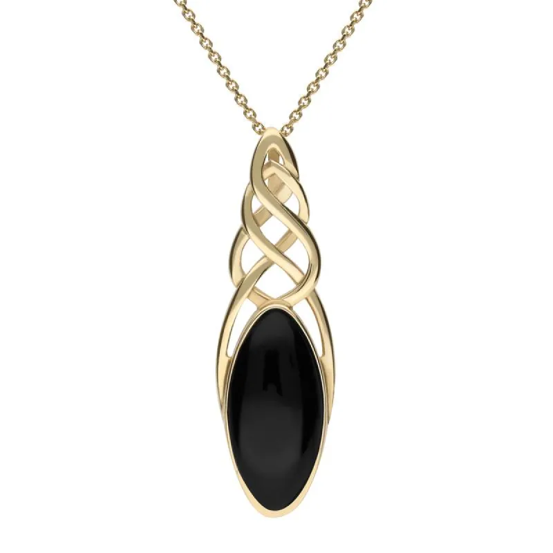 9ct Yellow Gold Whitby Jet Long Marquise Celtic Necklace sold by C.W. Sellors