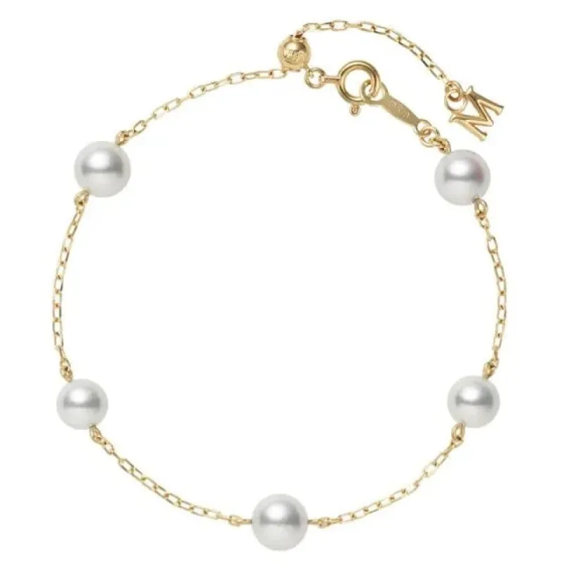 Mikimoto 18ct Yellow Gold Five Akoya Pearls Adjustable Chain Bracelet sold by C.W. Sellors
