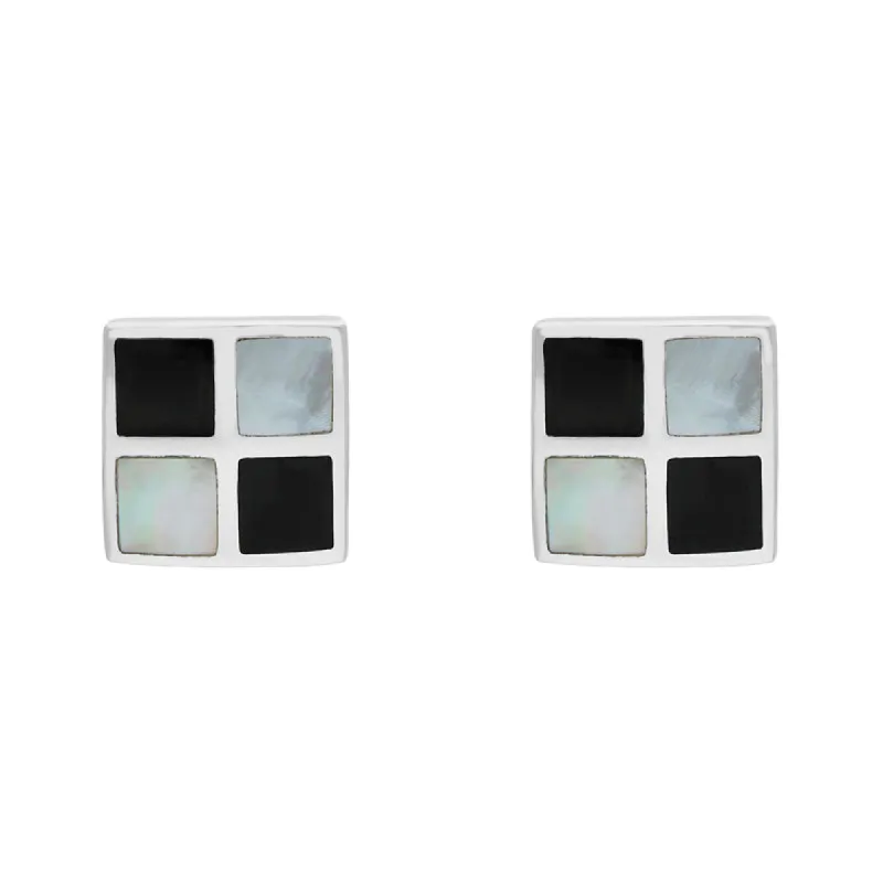 Sterling Silver Whitby Jet Mother Of Pearl Square Stud Earrings D sold by C.W. Sellors