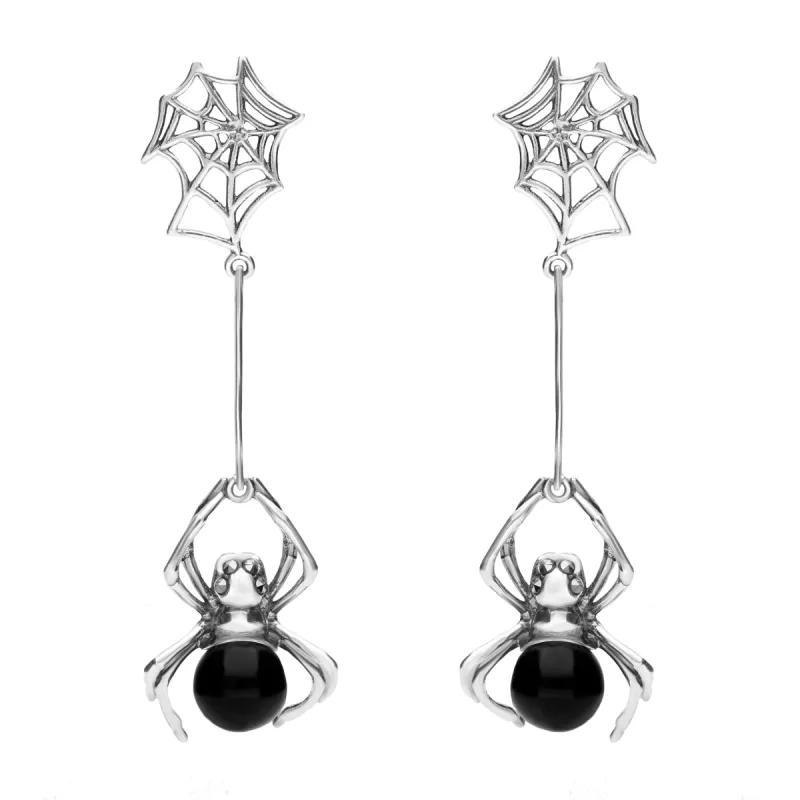 Sterling Silver Whitby Jet and Marcasite Spider Drop Earrings sold by C.W. Sellors