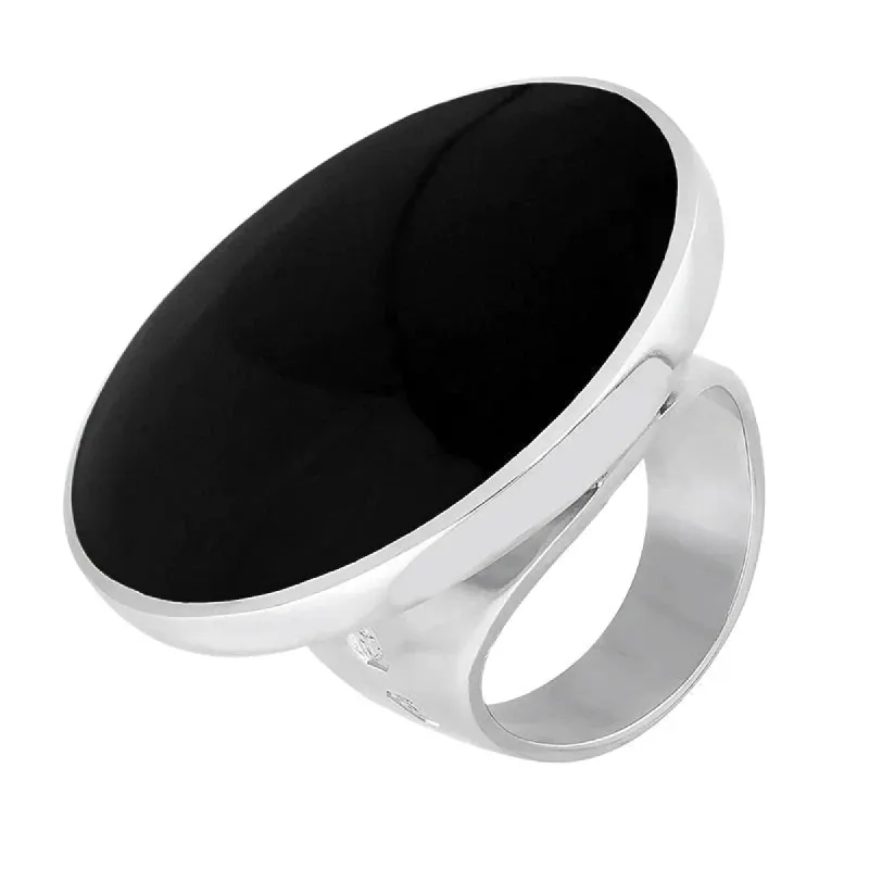 9ct White Gold Whitby Jet King's Coronation Hallmark Large Round Ring sold by C.W. Sellors