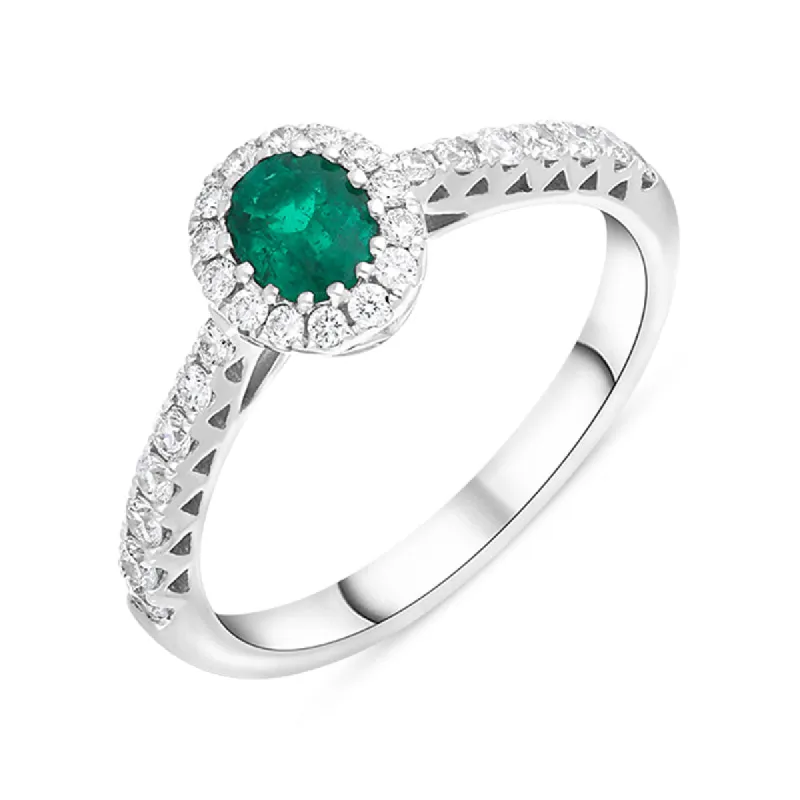 18ct White Gold 0.40ct Emerald Diamond Shoulder Set Halo Ring sold by C.W. Sellors