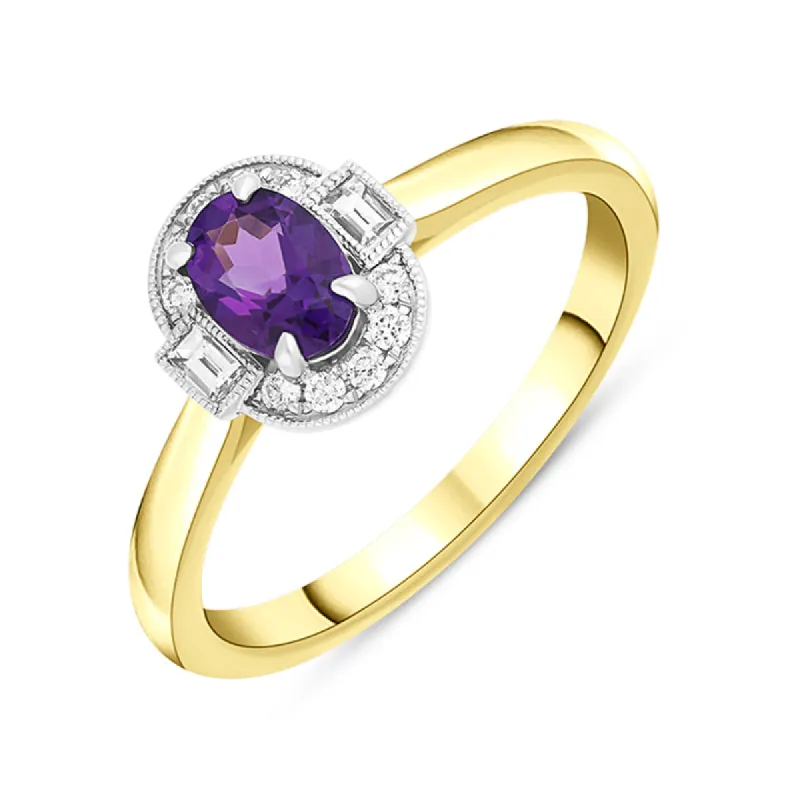 18ct Yellow Gold 0.63ct Amethyst Diamond Baguette Cut Halo Ring sold by C.W. Sellors