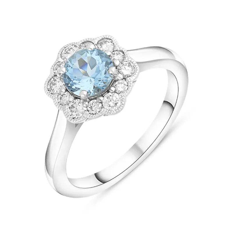 18ct White Gold 0.72ct Aquamarine Diamond Halo Ring sold by C.W. Sellors