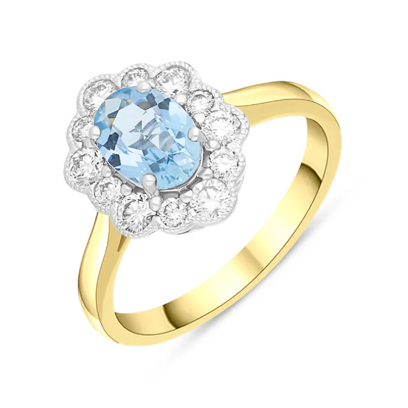 18ct Yellow Gold 0.67ct Aquamarine Diamond Halo Ring sold by C.W. Sellors