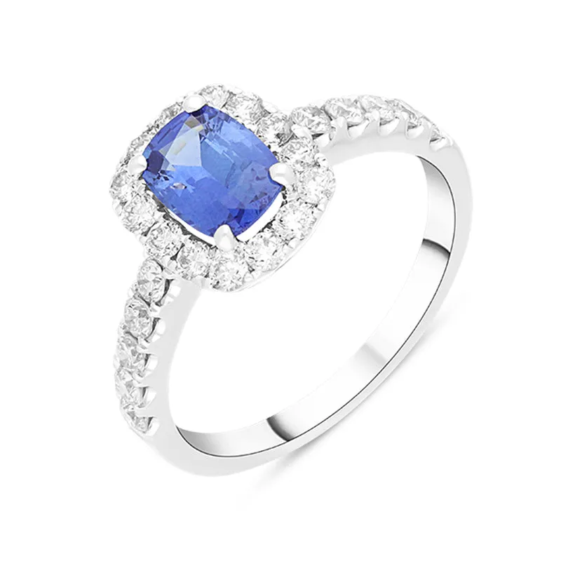 18ct White Gold 0.65ct Sapphire Diamond Halo Shoulder Set Ring sold by C.W. Sellors