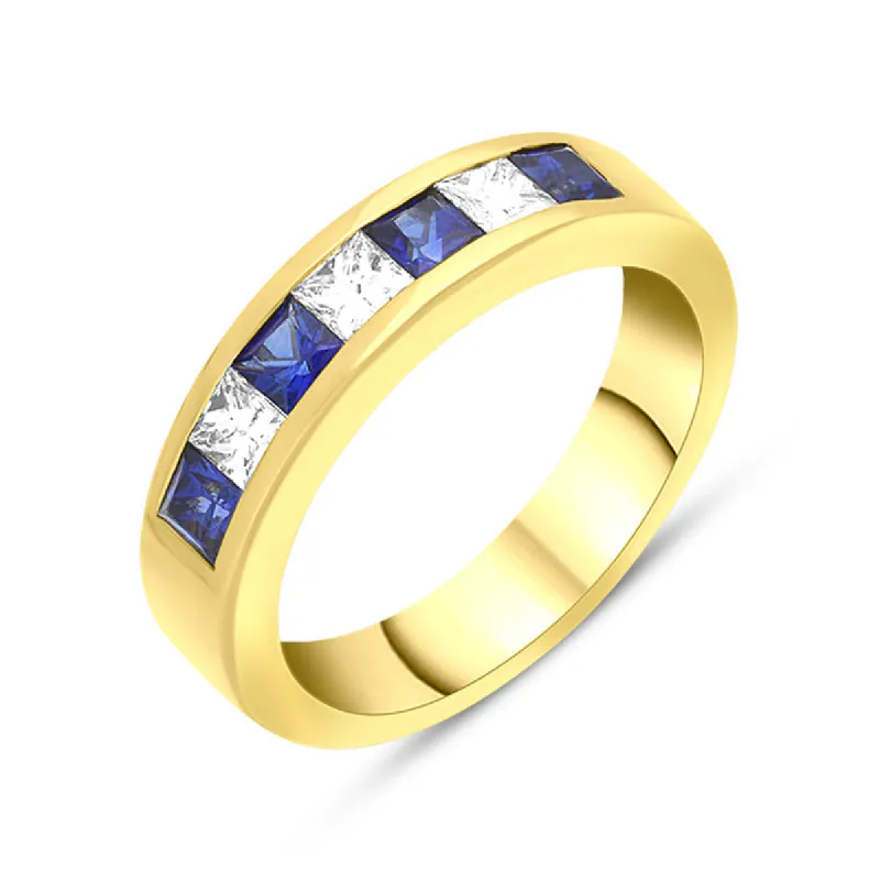 18ct Yellow Gold Sapphire Diamond Princess Cut Channel Set Half Eternity Ring sold by C.W. Sellors