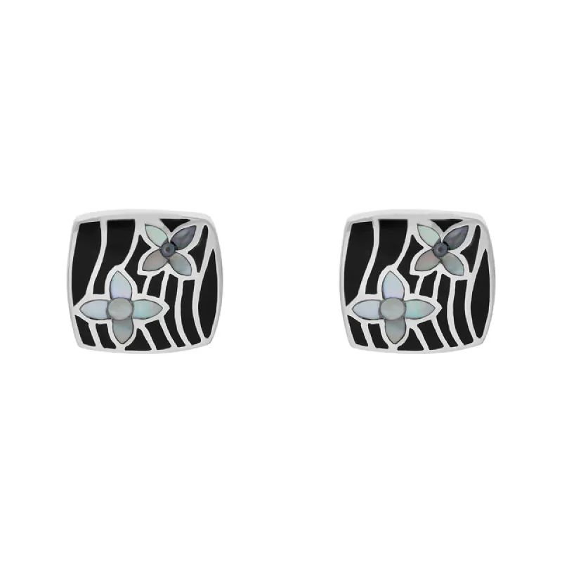 Sterling Silver Whitby Jet Mother Of Pearl Flower Stud Earrings D sold by C.W. Sellors