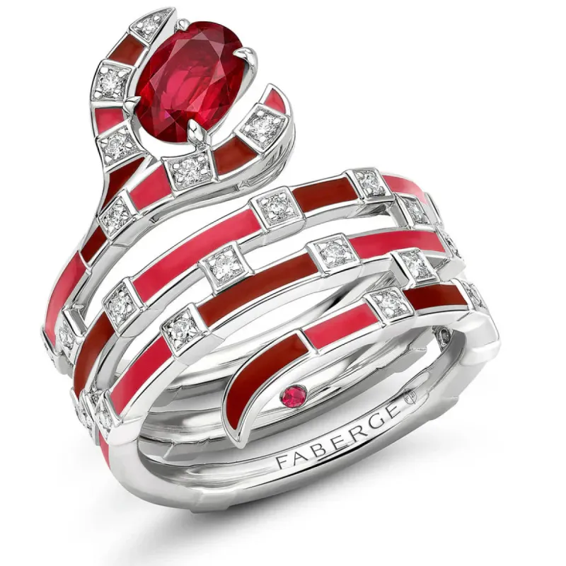 Faberge x Beetlejuice Beetlejuice 18ct White Gold Ruby Red Enamel Sandworm Spiral Wrap Ring sold by C.W. Sellors