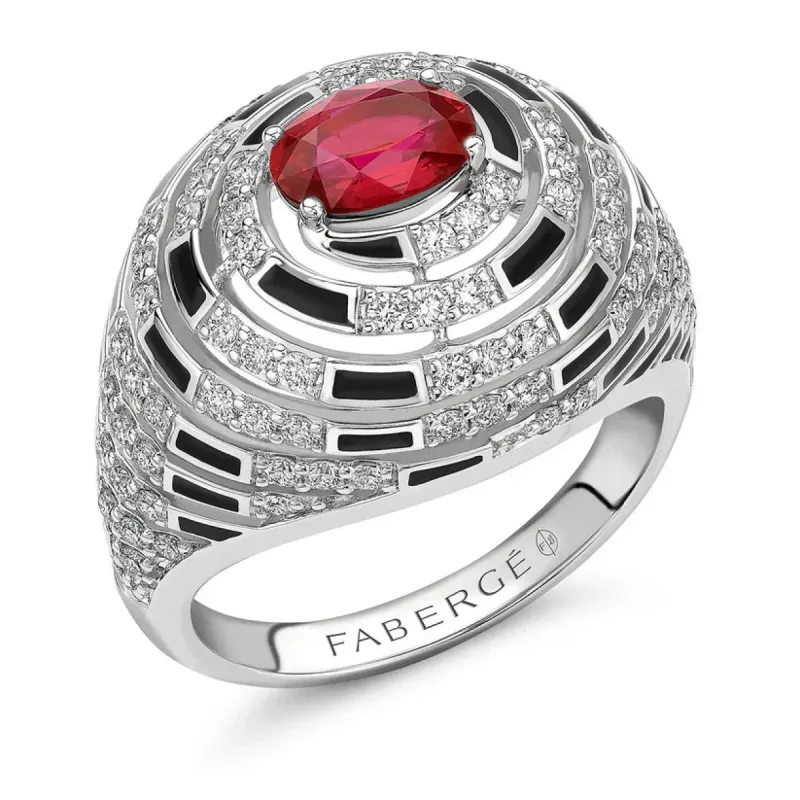 Faberge x Beetlejuice Beetlejuice 18ct White Gold Ruby Diamond Black Enamel Spiral Bombe Ring sold by C.W. Sellors