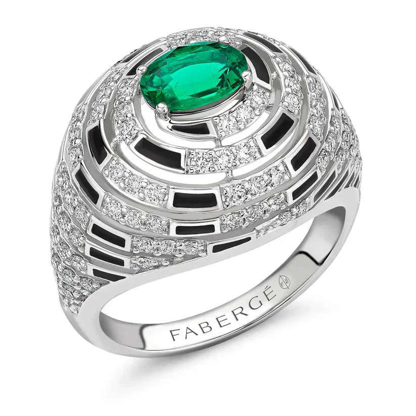 Faberge x Beetlejuice Beetlejuice 18ct White Gold Emerald Diamond and Black Enamel Spiral Bombe Ring sold by C.W. Sellors