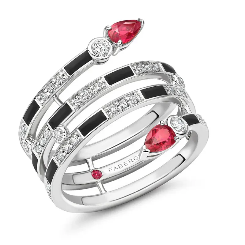 Faberge x Beetlejuice Beetlejuice 18ct White Gold Ruby Black Enamel Spiral Wrap Ring sold by C.W. Sellors