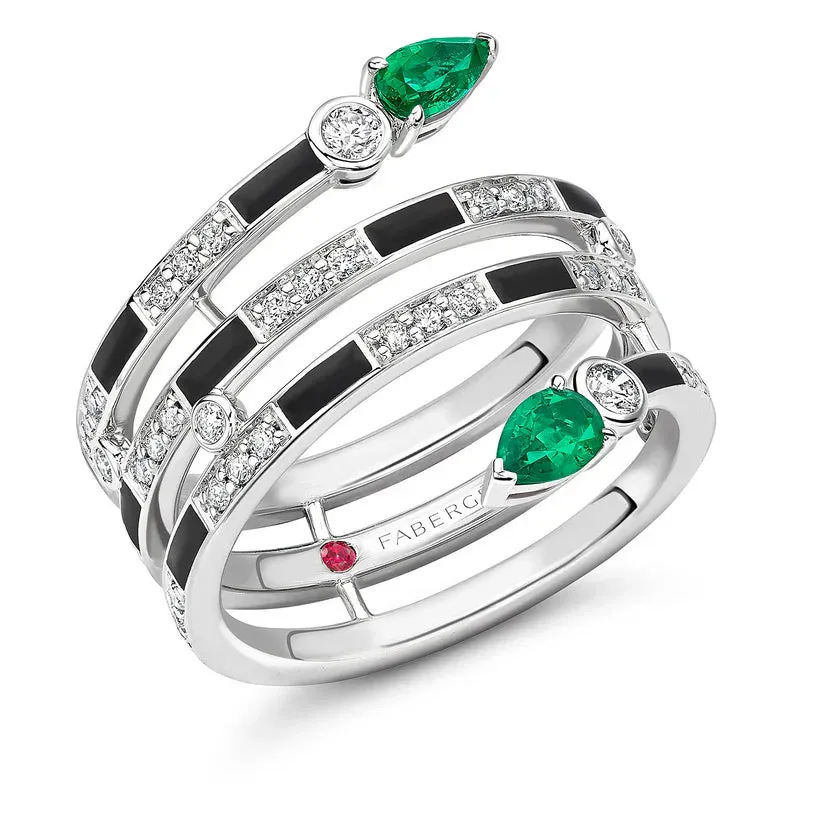 Faberge x Beetlejuice Beetlejuice 18ct White Gold Emerald Black Enamel Spiral Wrap Ring sold by C.W. Sellors