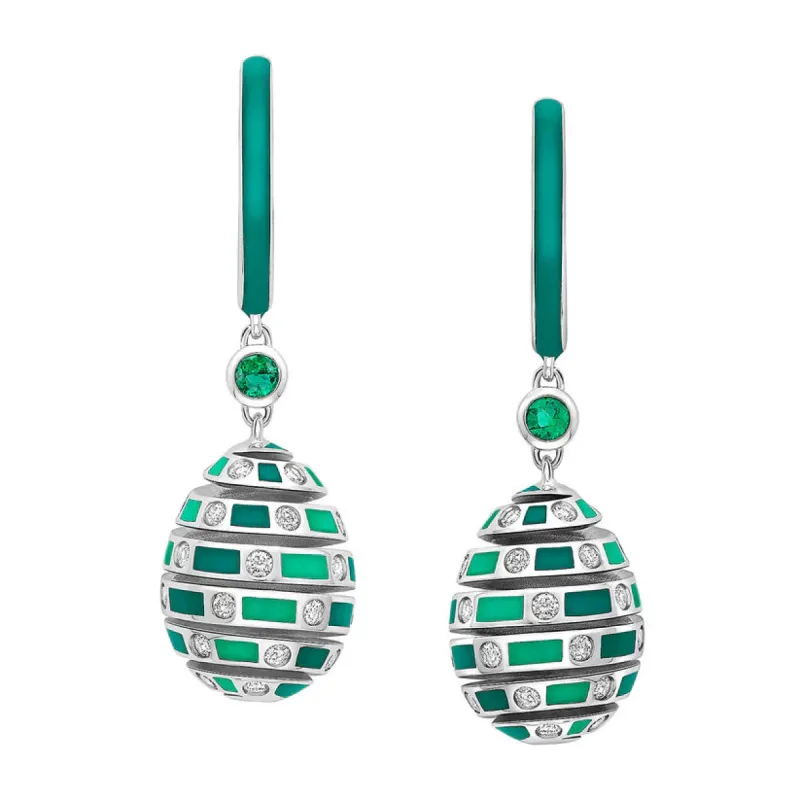 Faberge x Beetlejuice Beetlejuice 18ct White Gold Emerald & Green Enamel Spiral Earrings sold by C.W. Sellors