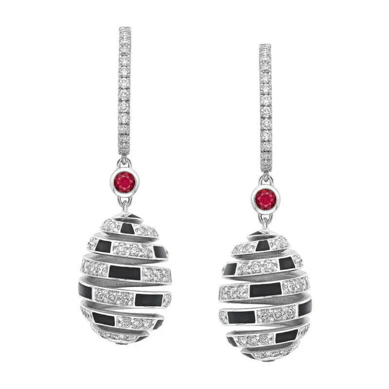 Faberge x Beetlejuice Beetlejuice 18ct White Gold Ruby & Black Enamel Spiral Earrings sold by C.W. Sellors