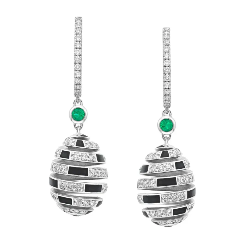 Faberge x Beetlejuice Beetlejuice 18ct White Gold Emerald & Black Enamel Spiral Earrings sold by C.W. Sellors