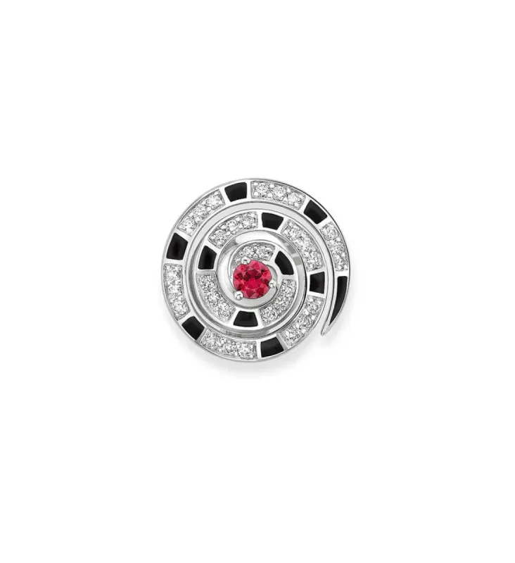 Faberge x Beetlejuice Beetlejuice 18ct White Gold Ruby & Diamond Spiral Lapel Pin sold by C.W. Sellors