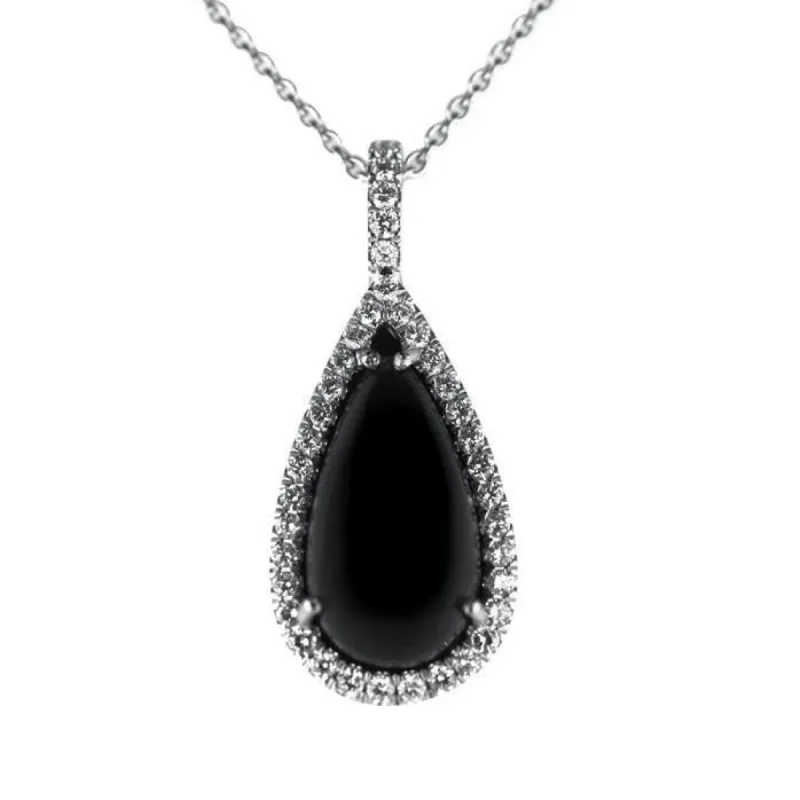 18ct White Gold Diamond and Whitby Jet Pear Necklace sold by C.W. Sellors