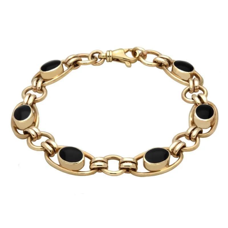9ct Yellow Gold Whitby Jet Oval Loop Link Bracelet sold by C.W. Sellors